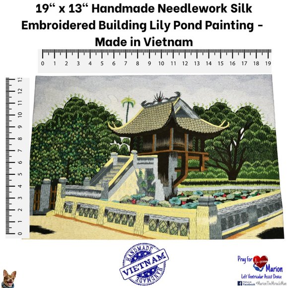 19" x 13" Handmade Needlework Silk Embroidered Building Lily Pond Painting